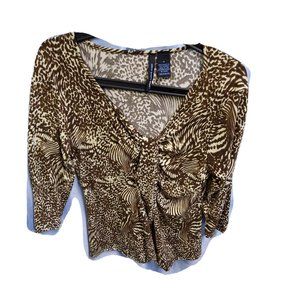 Saint Tropez West Womens Size M Wrap Top Brown Blouse Animal Print Y2K Classic